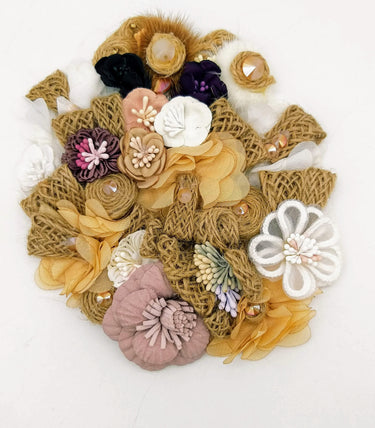 Handcrafted Jute Floral Applique in White, Mauve, Brown and Beige